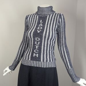 Vintage Lady Dutch Knit Turtleneck | Graphic Stripe Logo Sweater | XS | Cotton